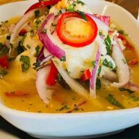 Ceviche · Sliced mahi mahi, red onion, spicy miso citrus juice, shishito peppers, sweety drop peppers,...