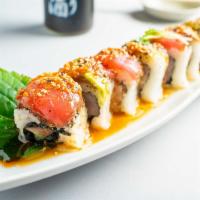 All Star Roll · Yellowtail and cucumber topped with Pepper Tuna, avocado and garlic sauce