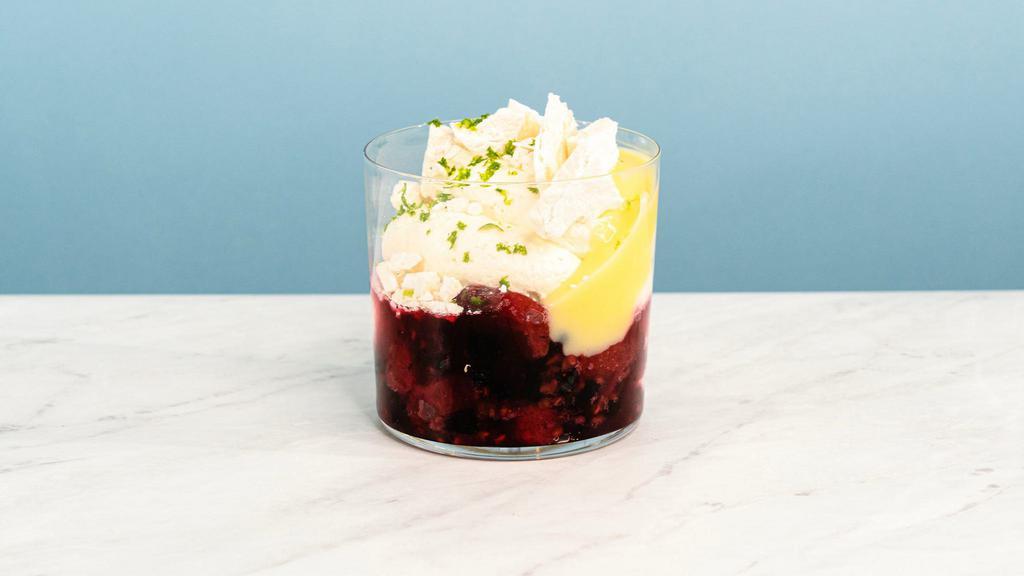Berry Mess · This whipped creme fraiche is perfectly layered with lime meringue, fresh berries and creamy lemon curd.  Best shaken and stirred upon arrival for maximum flavor | Allergen: Milk, Egg