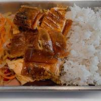 Lechon Belly Combo · Slow roasted pork belly. White Rice, Atsara, and Drink.