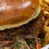 Halang Chicken Sandwich · Pickled brined chicken thigh, brioche bun, house pickles, sweet and spicy kale slaw, sili ma...