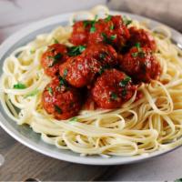 Spaghetti With Meatballs · Fresh pasta with meatballs, served with side salad and bread.