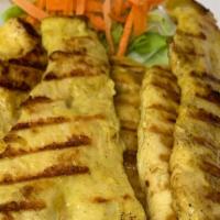 Satay Chicken (4) · Gluten-free. Grilled, marinated strips of chicken with Thai peanut sauce.