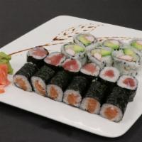 Maki Roll Platter (18) · Tuna roll (6), California roll (6), & salmon roll (6). Raw or uncooked.