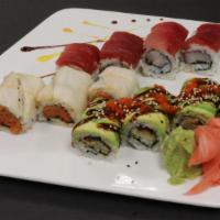 Dragon Deluxe (24) · Hot and spicy. Dragon (8), (eel and cucumber inside, avocado outside). Red Dragon (8), (scal...