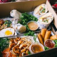 Small Feast (Serves ~3) · 1 Loaded Vermicelli Bowl. 6 Egg Rolls. 3 Magnum Rice Paper Rolls. 1 Eggs-Rated Banh Mi . 1 T...