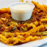 Cheesy Bacon Fries · Old school fries with cheese (shredded cheddar and Monterey jack) and bacon