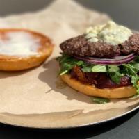 Bd Street Burger · Maytag blue cheese, smoked bacon, arugula, red onion, and mayonnaise.