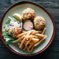 Crab Cakes Entrée · two 4oz. crab cakes, fries, coleslaw, remoulade