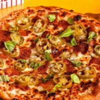 Angry Pepperoni Pizza · Prepare for some serious heat, with pickled jalapenos, roasted garlic, chili flake, and fres...
