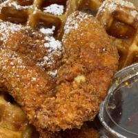 Chicken & Waffles  · 3-4 battered chicken strips served with a waffle