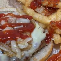 Turkey Burger & Fries · Comes with cheese, lettuce, tomato, onions (raw or fried). Ketchup, mayo and mustard optional.