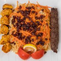 Kubideh & Chicken Combo · Kubideh kebabs (ground beef mixed with onion, garlic, and herbs) and chicken kebabs with a s...