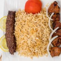 Kubideh Kebab & Lamb Combo · Kubideh kebabs (ground beef mixed with onion, garlic, and herbs) and lamb kebabs with a side...
