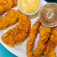 Chicken Fingers · Breaded and fried chicken strips.