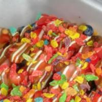 Tutti-Frutti Waffle · fruity pebbles topped & chocolate drizzled.