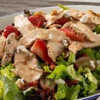 Strawberry Balsamic Chicken Salad Lunch · Grilled chicken, mixed greens, strawberries, grapes, candied pecans, gorgonzola, balsamic vi...