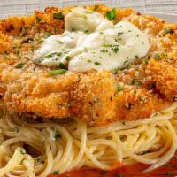 Chicken Milanese · Crispy Romano chicken, herb pasta, house marinara.