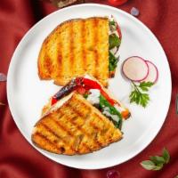 Veggie Vibrance Panini · Eggplant, zucchini, onion, grilled tomato, roasted red pepper, and mozzarella cheese on toas...