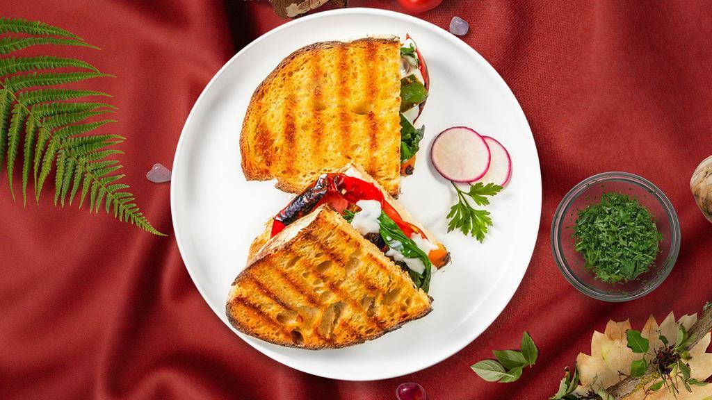 Veggie Vibrance Panini · Eggplant, zucchini, onion, grilled tomato, roasted red pepper, and mozzarella cheese on toasted ciabatta bread. Served with french fries.