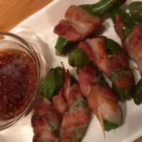 Bacon Shishito · Pan fried blistered shishito peppers with bacon