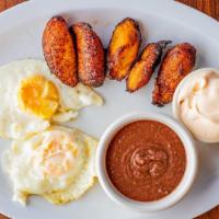Desayuno Tipico #3 / Typical Breakfast #3 · Huevos estrellados, frijoles, platanos y crema. / Eggs with beans, plantains and cream.