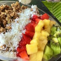 'Lotta Colada Bowl · Base: Banana, Mango, Pineapple & Coconut Milk 
Toppings: Your choice of granola, Strawberry,...