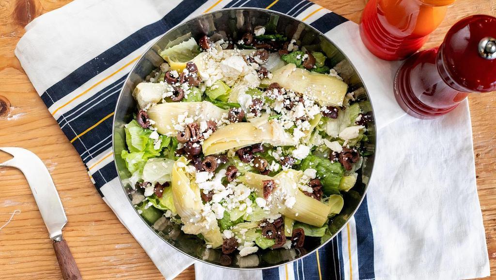 Catering Greek Salad · Mixed lettuce topped with black olives, artichoke, and feta cheese. . ** Try adding grilled chicken and cranberries.. ** Catering salad feeds 8 people.
