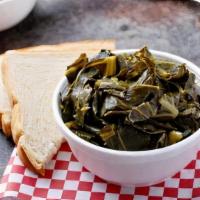 Collard Greens · Freshly picked collard greens and cabbage simmered with smoked turkey, green onion, and cila...