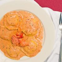 Lobster Raviolli · Homemade pasta stuffed with lobster in vodka sauce.