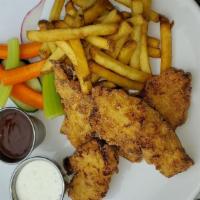 Golden Chicken Tenders · Flash-fried chicken breast tenders, With Fries, veggie sticks, ranch & root beer strawberry ...