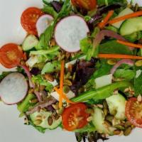Farmhouse Salad · Mixed greens, radish, tomato, cucumber, pickled red onion, carrot, pumpkin & sunflower seeds...