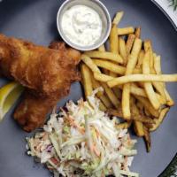 Fish 'N' Chips · Wild caught cod filets old bay seasoned: lager beer battered with coleslaw, french fries & t...