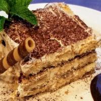 Tiramisu · layered with espresso cream, mascarpone, ladyfingers, chocolate & vanilla whip