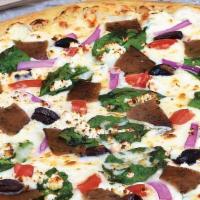 Greek Pizza · Our tzatziki sauce topped with gyro meat, spinach, red onions, fresh tomatoes, black olives,...