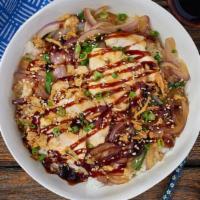 Teriyaki Chicken Bowl · Grilled chicken breast, red onions, green onions over white rice topped with teriyaki sauce,...
