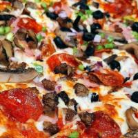 Ultimate Pizza · Pepperoni, sausage, canadian bacon, beef, bacon, onion, green peppers, mushrooms and black o...