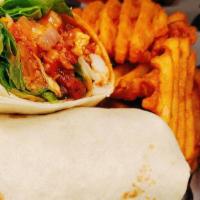 Bbq Chicken Wrap · Chicken grilled or cripsy smothered BBQ lettuce, tomato, bacon and cheddar jack cheese.