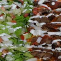  5. Beef Rice Platter · Lean meat sliced and grilled. Served with Mediterranean rice, lettuce, tomatoes, onions, cuc...