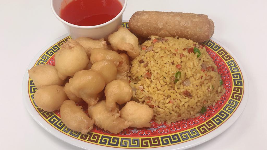 Sweet Sour Pork Or Chicken · Served with egg roll and choice of rice.