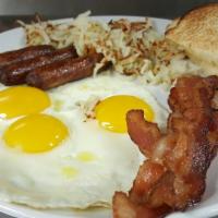 Super Breakfast 3 Xl Eggs · With 2 bacon, 2 sausage and 1 slice of ham,  Hash browns or grits, and Toast and jelly.