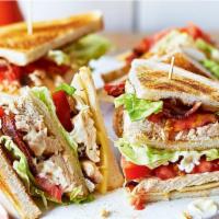 Grilled Chicken Club · Grilled chicken, 3 slices of bacon, lettuce, tomatoes, mayo  and Swiss and American.