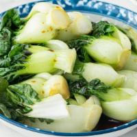 Baby Bok Choy/蚝油小白菜苗 · Freshly Hand Pickled Baby Bok Choy with a side of vegan (mushroom based) oyster sauce.
