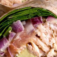 Salmon Wrap · Sustainable salmon, spinach, onions, tomatoes, avocado, agave mustard.