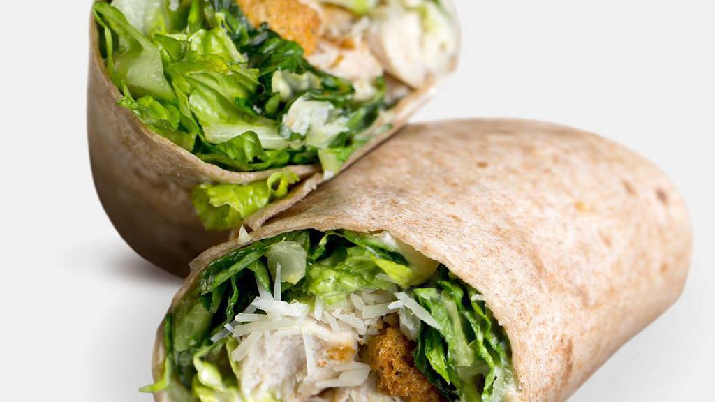 Chicken Caesar Wrap · Grilled all-natural chicken, romaine lettuce, Parmesan cheese, sunflower seeds, and light Caesar dressing.