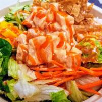 Spicy Salmon Bowl · Spicy. Two scoops of spicy salmon, seasonal fruit, Kasai sauce. Served with rice, lettuce, s...