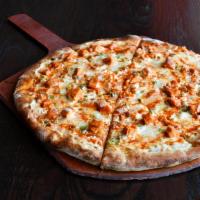 Buffalo Chicken · Olive oil, oven roasted buffalo chicken and scallions with a ranch and buffalo swirl.