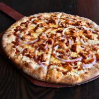 Bbq Chicken · Olive oil, Cheddar cheese, blackened chicken, sliced red onion, topped with a BBQ drizzle.