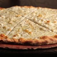 White Pizza · Sprinkled with Romano cheese and oregano all on top of our garlic-infused olive oil brushed ...