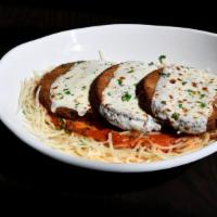 Eggplant Parmesan · Lightly breaded with Italian seasoning, topped with
marinara and house made mozzarella, serv...